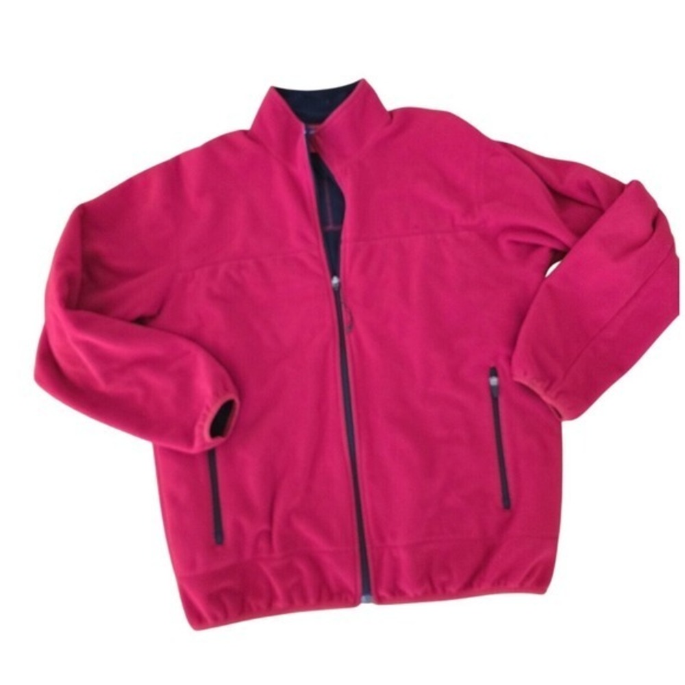 Lands End Mens Fleece Jacket Full Zip Red‎ Blue Size L Warm Outdoor Casual